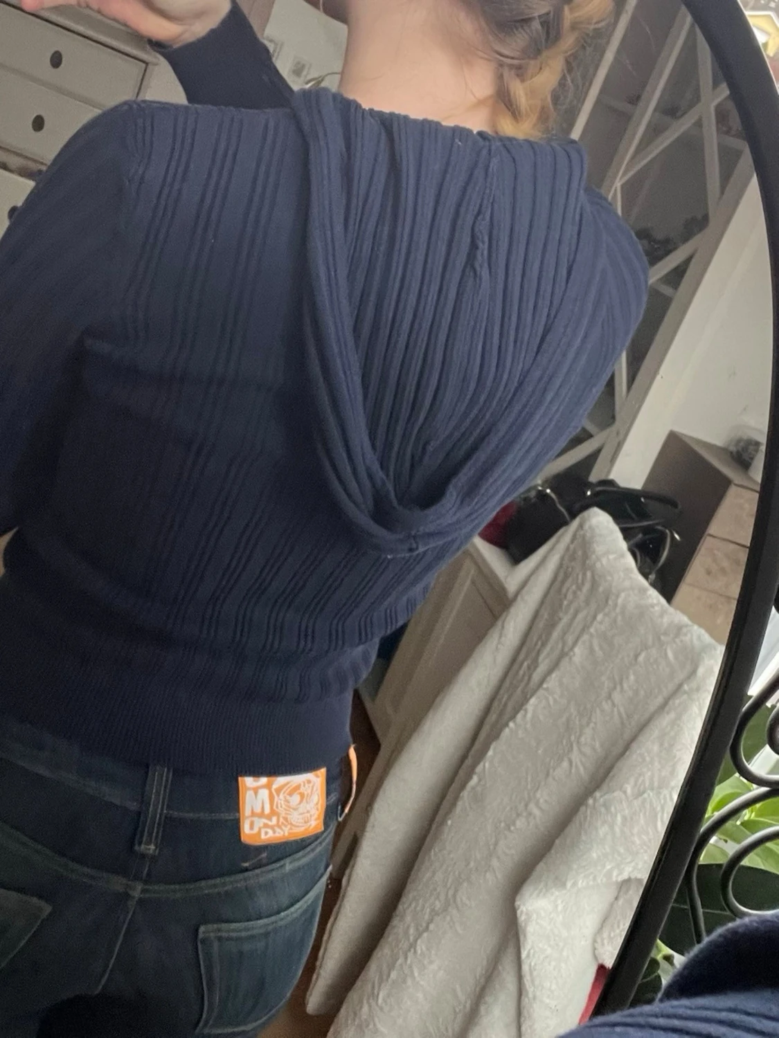 Mörkblå ribbad hoodie med dragkedja - 1