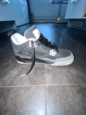 Svart, gråa jordens 4 - Säljer ett par svarta höga jordens  med vita detaljer och svartvita skosnören. Skorna har en robust sula, meshpaneler på sidorna och vita plastdetaljer vid snörningen. Insidan är vit och materialet är en mix av syntet och textil.