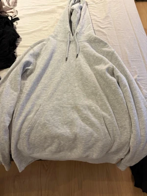 Ljusgrå hoodie - Ljusgrå hoodie med luva, snören och ficka vid magen. Svarta/silvriga stopp vid sluten av snörena