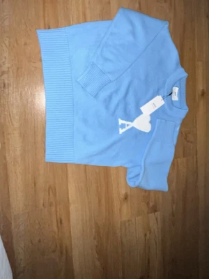 Ljusblå stickad tröja från Ami - Säljer min Ami Paris sweatshirt i storlek S. Den är ljusblå med den klassiska loggan framtill.  Köpte den ny men den var tyvärr lite för kort i längden för mig. Den sitter dock väldigt fint på armarna och har en snygg passform i övrigt.  Aldrig använd ute, endast testad hemma. I nyskick.  Hör av dig vid frågor eller vid intresse