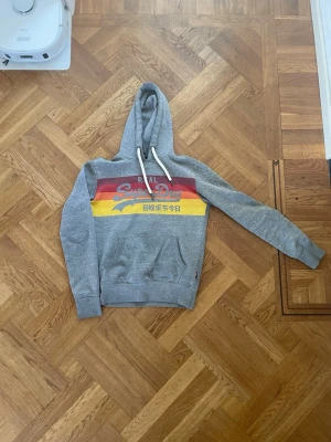Grå Superdry hoodie med tryck - Snygg grå hoodie från Superdry med färgglada ränder i rött, orange och gult över bröstet samt tryckt logga och japanska tecken. Klassisk känguruficka och vita dragsnören i huvan. Perfekt för en avslappnad streetstyle-look.