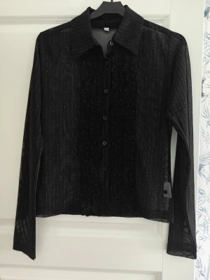 Svart transparent blus med volang - Snygg svart transparent blus med tunna silverränder och volangdetaljer längs knäppningen. Blusen har klassisk krage och långa ärmar. Perfekt för dig som vill ha en trendig och elegant look. Materialet är tunt och lätt, vilket ger en luftig känsla.