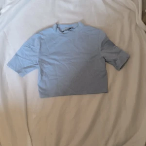 Ljusblå glittrig topp från Pull&Bear - Säljer en ljusblå glittrig topp från Pull&Bear. Toppen har en normal passform med korta ärmar och är tillverkad i ett glittrigt material som ger en festlig känsla. Perfekt för att lysa upp vilken outfit som helst!