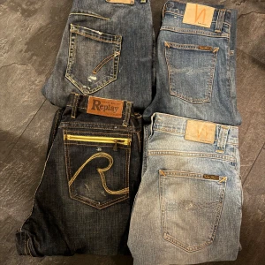 4 par jeans från 499-799 - Nudie/replay 499, dondup 799, alla tillsammans 1999 alltså vid köp av alla så är det billigare. Mellan w29-w31 skriv om du undrar om detaljerna 