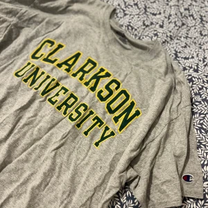 Grå t-shirt från Champion  - Säljer en grå t-shirt från Champion med Clarkson University-tryck i grönt och gult på framsidan. Använd några gånger men är i bra skick. Storlek XL. Säljer för 199kr.