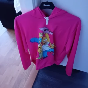 Rosa hoodie med tryck från KappAhl - Säljer en cool rosa hoodie från KappAhl med ett färgglatt tryck på framsidan. Hoodien har en justerbar huva med snören och långa ärmar. Perfekt för en avslappnad stil!
