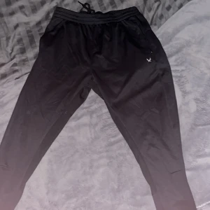 Svarta mjukisbyxor - Säljer ett par svarta mjukisbyxor med elastisk midja och dragsko. Byxorna har en liten logga på ena benet och sidofickor med dragkedja. Perfekta för en avslappnad stil. Soc utan defekter och använd ett par gånger