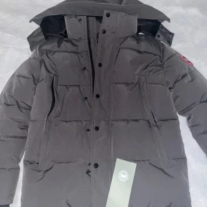 Canada Goose Wyndham Grå - Säljer en stilren svart dunjacka från Canada Goose. Jackan har en hög krage och avtagbar huva, perfekt för kalla dagar. Den är långärmad med både dragkedja och knappar framtill. Ikonisk logga på ärmen.