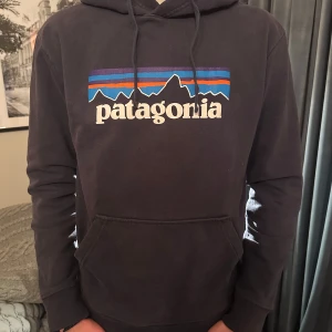Mörkblå hoodie från Patagonia - Mörkblå hoodie med luva från PATAGONIA i storlek S. Stort tryck på framsidan, sjukt najs!