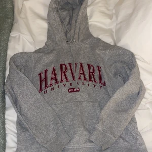 Grå Harvard hoodie från H&M - Säljer en grå hoodie från H&M med Harvard University-tryck i rött och vitt. Tröjan har en klassisk design med huva och långa ärmar. Den är mjuk och bekväm.