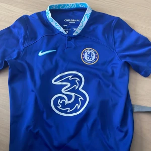 Blå Chelsea FC fotbollströja. Medium junior  - Säljer en blå Chelsea FC fotbollströja från Nike med korta ärmar. Tröjan har ett vitt tryck av siffran 3 på framsidan och spelarnamnet Pulisic med nummer 10 på baksidan. Kragen har ett mönster i ljusblått och vitt.