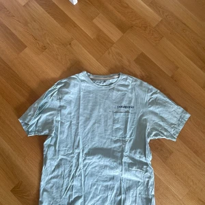 Ljusgrön t-shirt från Patagonia - Säljer en ljusblå t-shirt från Patagonia i bomull. Den har en liten bröstficka och ett coolt tryck på ryggen med bergsmotiv och texten 'Regenerative Agriculture'. Perfekt för vardagsbruk eller chill häng!