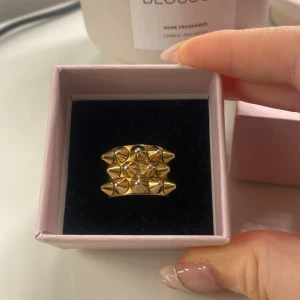 Guldfärgad ring från Edblad - Snygg guldfärgad ring från Edblad med ett unikt designmönster av små pyramidformade nitar. Perfekt för att ge en edgy touch till din stil. Kommer i en elegant rosa ask. I storlek 16.80 som motsvarar storlek S