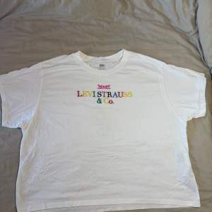 Säljer en vit t-shirt från Levi's med färgglatt broderat 'Levi Strauss & Co.' på bröstet. T-shirten har en klassisk rund hals och korta ärmar. Perfekt för en avslappnad stil. T-shirten är aldrig använd, men saknar etticket. Storlek L