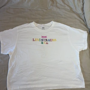 Vit t-shirt från Levi's - Säljer en vit t-shirt från Levi's med färgglatt broderat 'Levi Strauss & Co.' på bröstet. T-shirten har en klassisk rund hals och korta ärmar. Perfekt för en avslappnad stil. T-shirten är aldrig använd, men saknar etticket. Storlek L