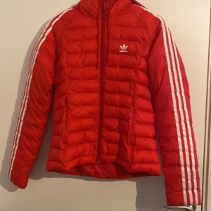 Röd dunjacka från Adidas - Säljer en snygg röd dunjacka från Adidas med de klassiska tre vita ränderna längs ärmarna. Jackan har en dragkedja framtill och en huva för extra skydd. Perfekt för kyligare dagar och ger en sportig look. 🧥 jag säljer den för 499kr💞 passar perfekt som höst jacka men även som vinter jacka💙