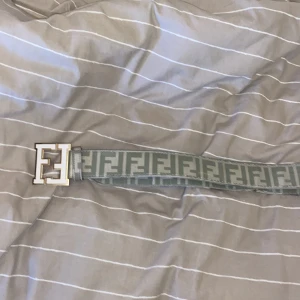 Beige  bälte från Fendi - Snyggt grått bälte från Fendi med det ikoniska FF-mönstret. Bältet har ett stort guldfärgat spänne med Fendi-logotypen. Perfekt för att ge en lyxig touch till din outfit. Den har skador vid hålen men går säkert att laga själv, gjorde extra hål så det passar 100-125