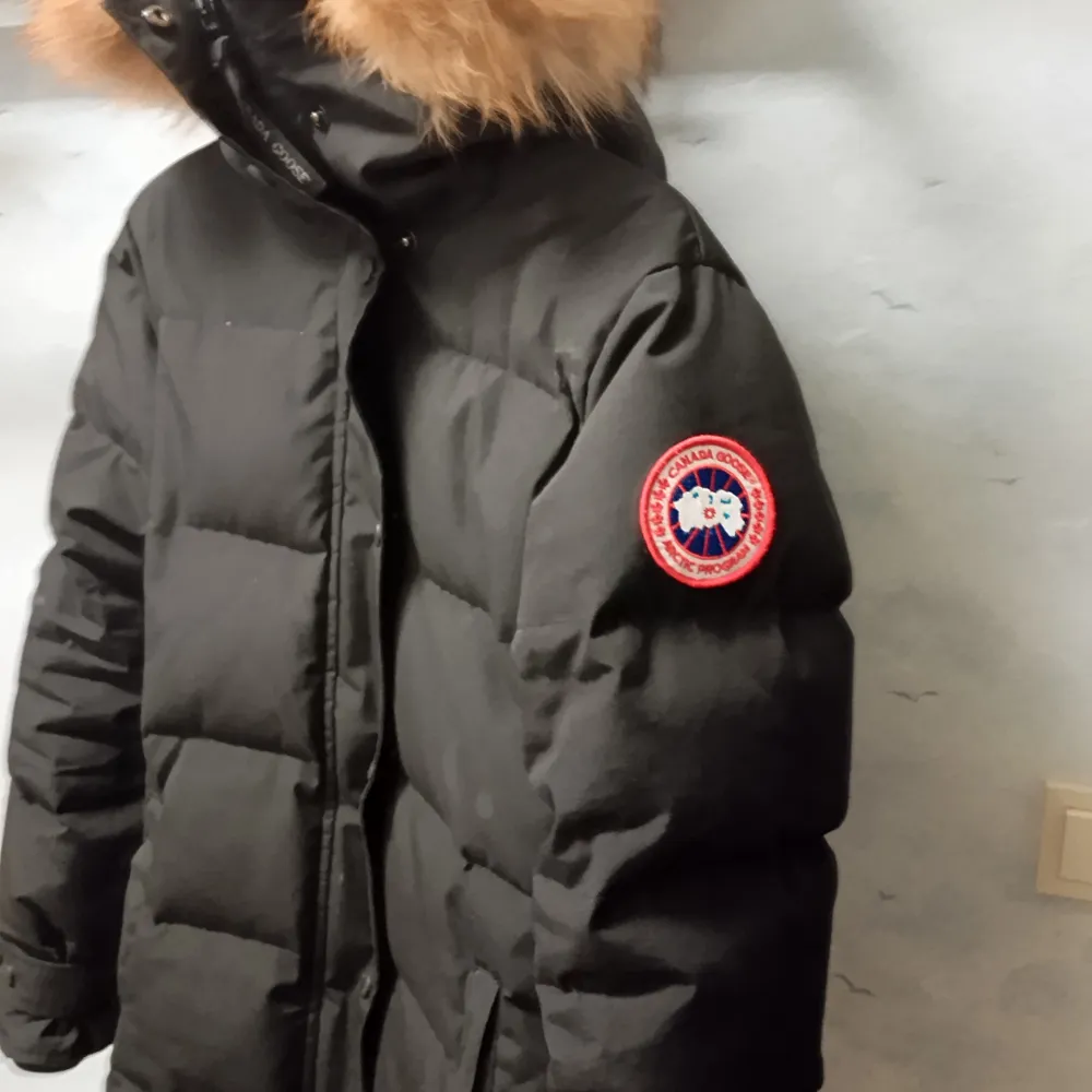 Säljer en svart dunjacka från Canada Goose  Jackan har en varm pälsdetalj på huvan och en praktisk dragkedja framtill. Perfekt för kalla vinterdagar! 🖤 Ena fick dragkedjan är sönder som de syns på en bild därav priset samt skulle behövas tvättas men annars fin o varm  storlek S/P. Jackor.