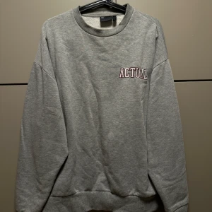 Grå sweatshirt med text - Säljer en grå sweatshirt med texten 'ACTUAL' broderad på bröstet. Tröjan har en klassisk rund hals och långa ärmar. Avslappnad och boxy passform.