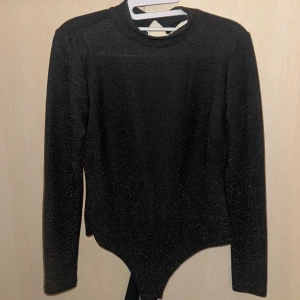 Svart glittrig bodysuit - Snygg svart glittrig bodysuit med långa ärmar och hög hals. Perfekt för en kväll ute med en elegant touch. Den har en öppen rygg med knytning i nacken.