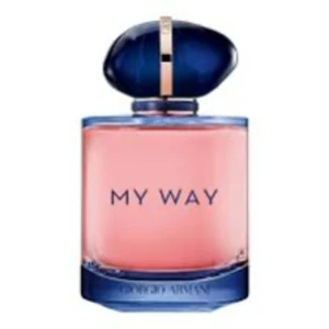 My Way parfym - Elegant parfymflaska med en rosa vätska och en djupblå kork. Flaskan har en modern och stilren design med texten 'MY WAY' på framsidan. Perfekt för den som söker en sofistikerad doftupplevelse. Använt en gång. Kan mötas i Stockholm!