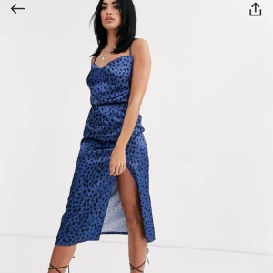 Blå leopardmönstrad klänning - Snygg blå klänning med leopardmönster och smala axelband. Klänningen har en slits på sidan och en figurnära passform som ger en elegant look. Perfekt för en kväll ute eller en speciell tillställning.