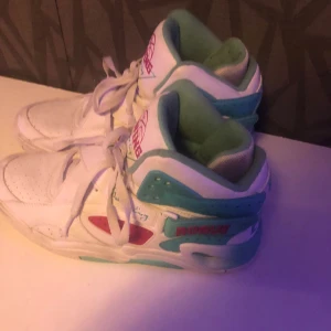 Vita sneakers från Patrick Ewings  - Snygga vita sneakers från Ewing med gröna och röda detaljer. Skorna har snörning och en hög design som ger extra stöd. Perfekta för en sportig look.