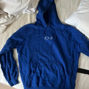 Blå hoodie från Polar - Säljer en snygg blå hoodie från Polar med en klassisk känguruficka och justerbar huva. Perfekt för en avslappnad stil. Polar-loggan är tryckt på bröstet.