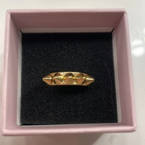 Guldfärgad ring från Edblad - Säljer en snygg guldfärgad ring från Edblad. Ringen har en cool design med små pyramidformade detaljer som ger den en unik look. Perfekt för att piffa upp vilken outfit som helst!