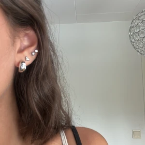 Silverfärgade örhängen - Säljer ett par snygga och stilrena silverfärgade örhängen. De har en enkel och elegant design som passar perfekt till både vardag och fest. Örhängena är i nyskick och redo att bäras av någon som älskar minimalistisk stil.
