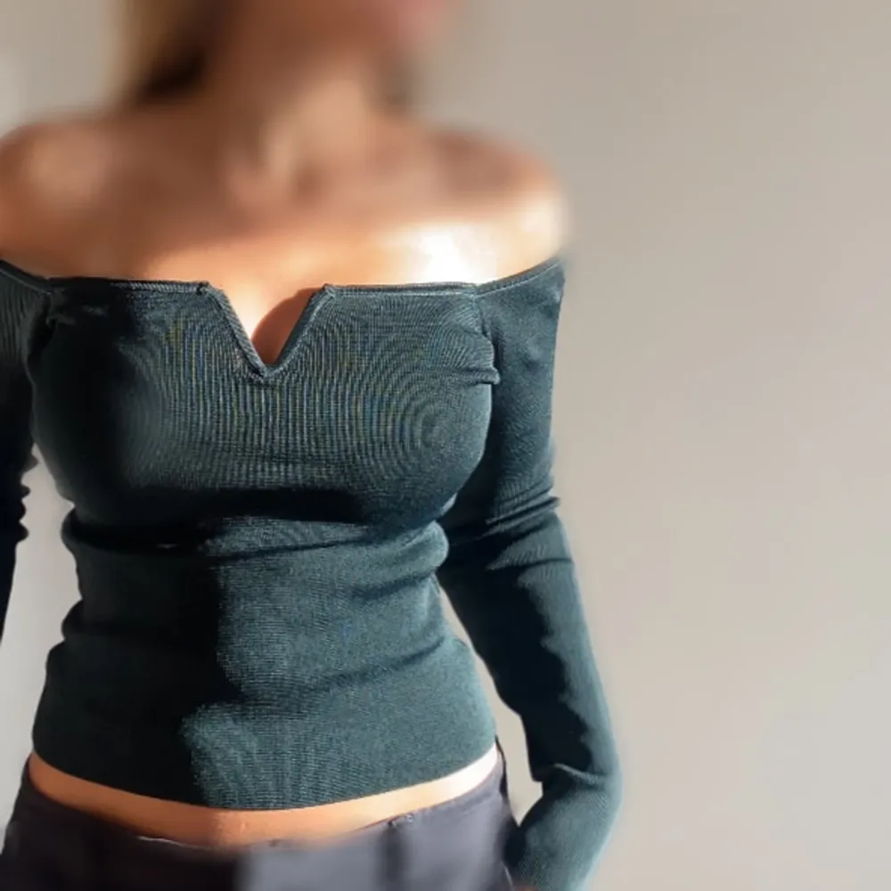 Nyskick, aldrig använd bara testad.  Mörkgrön offshoulder topp. Den är gjord i shell så ganska tjockt material. . Toppar.