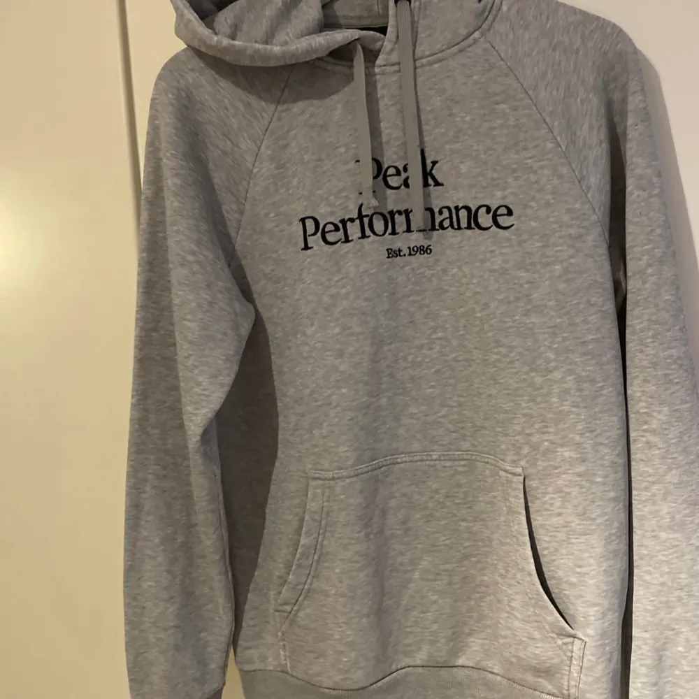 Säljer en snygg och bekväm grå hoodie från Peak Performance. Den har en klassisk design med svart text på bröstet och en stor ficka framtill. Perfekt för både vardag och träning!. Hoodies.