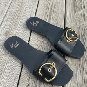 Svarta sandaletter - Svarta sandaletter med platt klack och stort spänne i guld. Använda ett par gånger. 