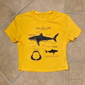 Gul Croppad top med hajtryck - 70-tals inspirerad Gul Croppad top i storlek S. Tröjan är i gott begagnat skick och är enbart använd fåtal gånger. Klicka gärna på köp nu och meddela för eventuella frågor. :)