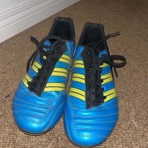 Adidas Predator fotbollsskor - Säljer ett par Adidas Predator fotbollsskor i blått och gult med svarta detaljer. Skorna har snörning och är i bra skick. Perfekta för fotbollsträning eller match. Sulan har dobbar för bra grepp på gräsplaner.