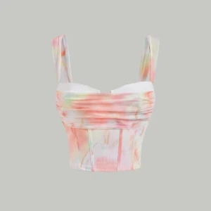 Färgglad korsett-topp - Säljer en superfin korsett-topp i ett färgglatt mönster med pastellnyanser. Toppen har breda axelband och en dragkedja bak. Perfekt för sommarens fester eller en dag på stan. Den är både bekväm och stilren! Storlek M men mer som S.