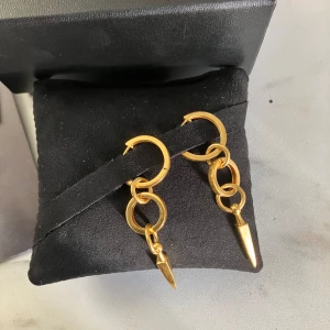 Guldörhängen från Maria Nilsdotter - Snygga guldörhängen från Maria Nilsdotter med en unik design. De har flera ringar som leder ner till en spetsig detalj. Perfekta för att ge en edgy touch till din outfit. Kommer i originalförpackning. Pris kan diskuteras vid snabb affär, säljer då jag behöver pengarna ❤️