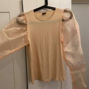 Säljer en unik beige topp med puffiga, transparenta ärmar. Toppen har en enkel design med rund hals och är perfekt för en stilfull look. Passar bra till både vardag och fest! Färgen är en blandning mellan rosa och beige💕