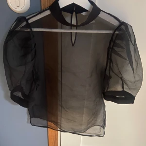 Svart transparent blus från H&M - Säljer en elegant svart transparent blus från H&M i storlek 34. Blusen har korta puffärmar och en hög krage med knapp i nacken. Perfekt för en festlig kväll eller en stilren vardagslook.