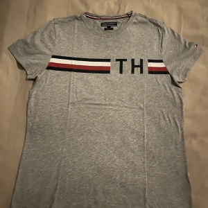 Grå t-shirt med TH-logga - Snygg grå t-shirt från Tommy Hilfiger med korta ärmar. Den har en stilren design med en horisontell rand i vitt, rött och svart över bröstet och bokstäverna 'TH'. Perfekt för en avslappnad stil.