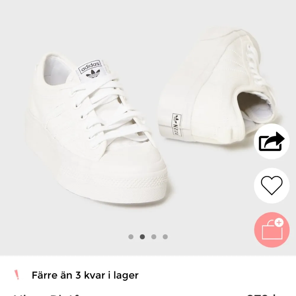 Helt nya adidas nizza platform i storlek 38. Fick hem dessa för nån dag sedan men de var väldigt små i storleken så jag kan inte ha dem. Skulle säga att de är som ett par 37or. Jag själv har annars alltid 38. Sulan är väldigt mjuk och skön för att vara ett par sneakers. Kan stå för frakten.. Skor.