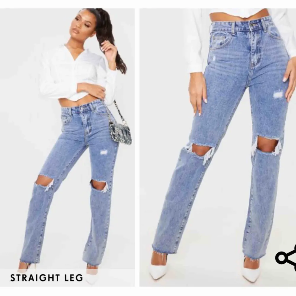 Trendiga jeans ifrån Prettylittlething. Aldrig använda, lappen är kvar. 😇  Dom är klippta där nere, se bild 3.. Jeans & Byxor.