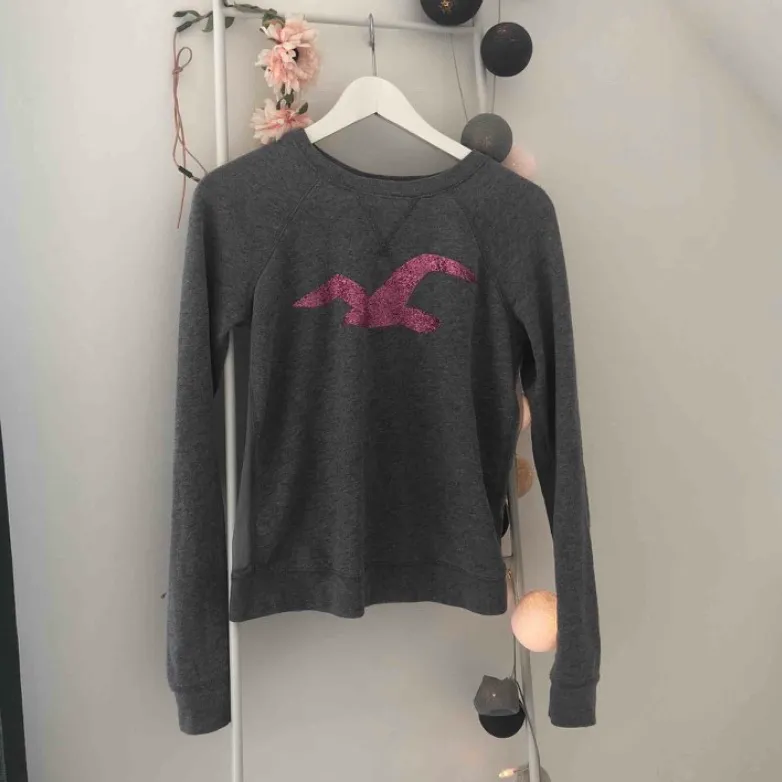 Jättefin tröja från Hollister med rosa glittrigt tryck på framsidan och genomskinligt tyg på ryggen💗 sparsamt använd. Pris kan diskuteras... kan mötas upp i Helsingborg eller frakta! Köparen står isf för frakten!!. Tröjor & Koftor.