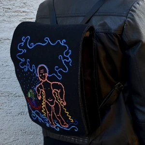  - Very unique backpack, the only unique piece in the whole universe :-) Upper fabric pure natural wool, adjustable leather straps. Padded reinforced back. Extraordinary !!!