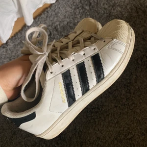 Adidas superstars - Adidas superstars i storlek 39 1/3. Har inte använt de mycket. Det är små hål i hälarna, men det är inget jag tycker känns när man använder de. Även lite slitet på kanten på ena skon. Se bild 2 och 3! I övrigt mycket bra skick!