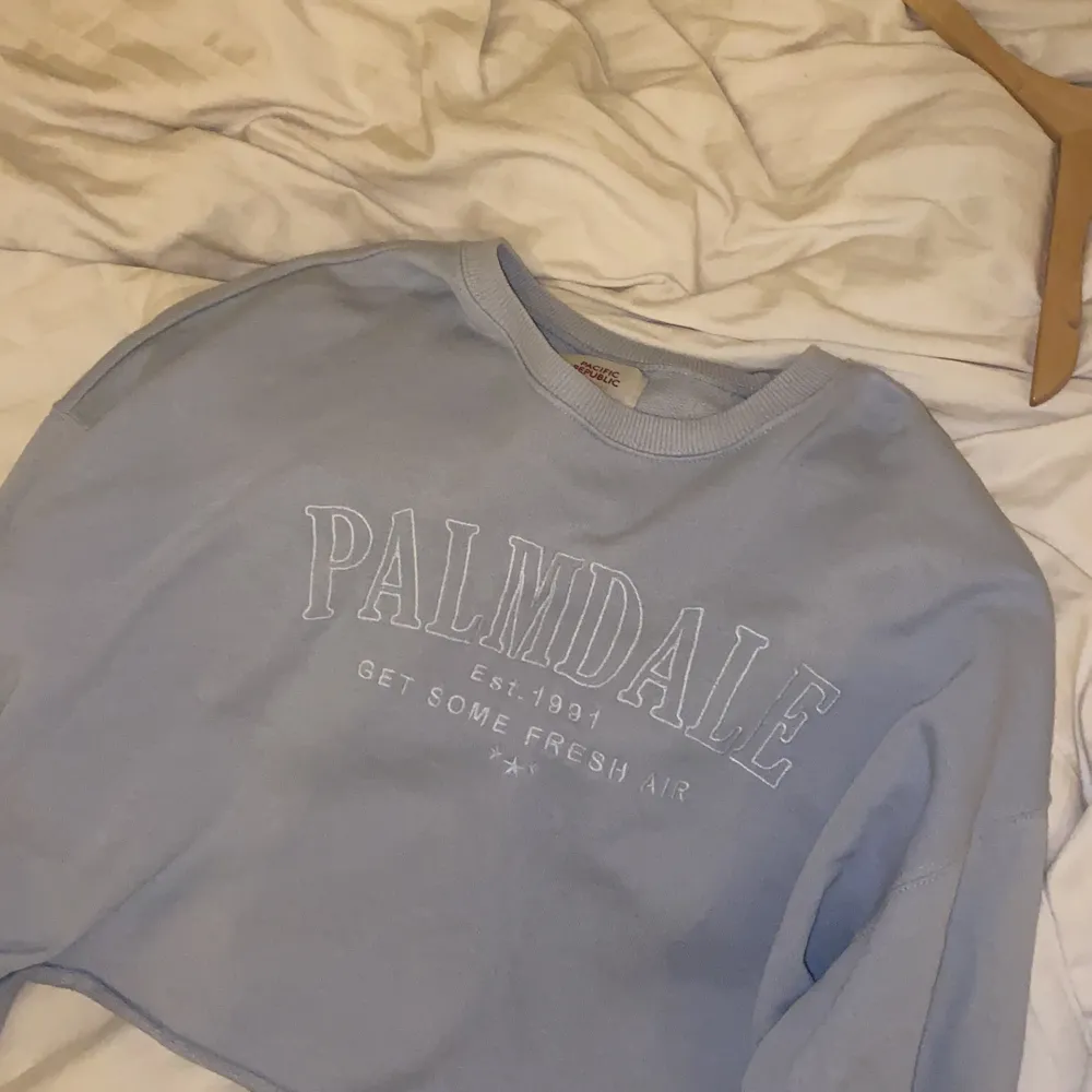 Ljusblå/grå hoodie från Pull & Bear med trycket ”Palmdale” över bröstet. Den är lite lite croppad och oversized. Jättefin hoodie som nästan aldrig är använd, precis som ny! . Hoodies.