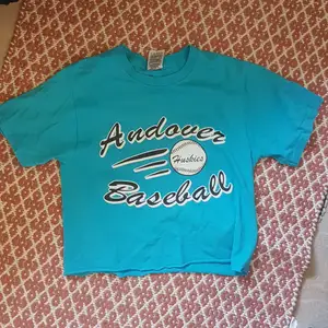 En croppad baseball t-shirt säljes oanvänd av mig. Köpt på second hand för flera år sen. Superfin blå färg!