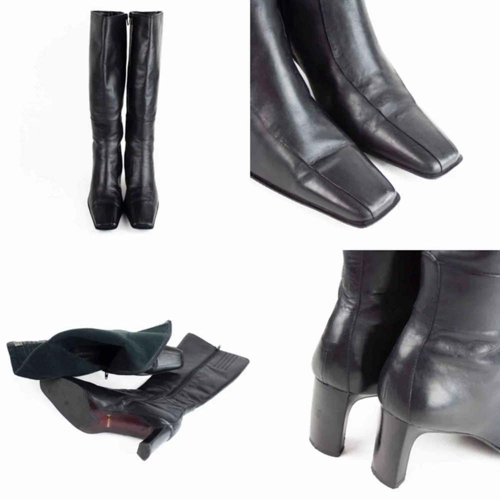 Vintage 90s 00s Y2K leather block heel square toe knee high boots in black Label: 41, feels like true to size, will probably fit size 40 too Free shipping! Read the full description at our website majorunit.com No returns. Skor.