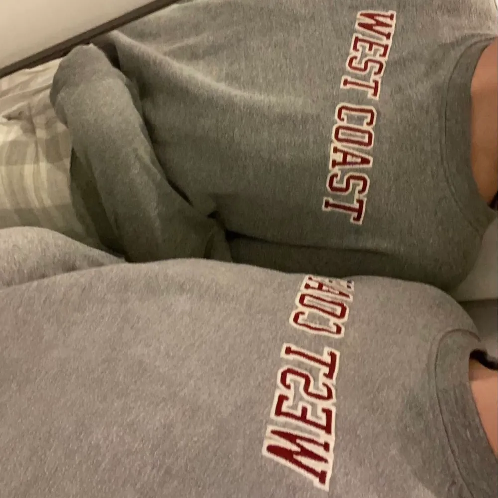 Brandy Melville croppad sweatshirt. Superfin med trendigt tryck!❤️❤️Något nopprig men i övrigt bra skick!!❤️frakt tillkommer . Tröjor & Koftor.