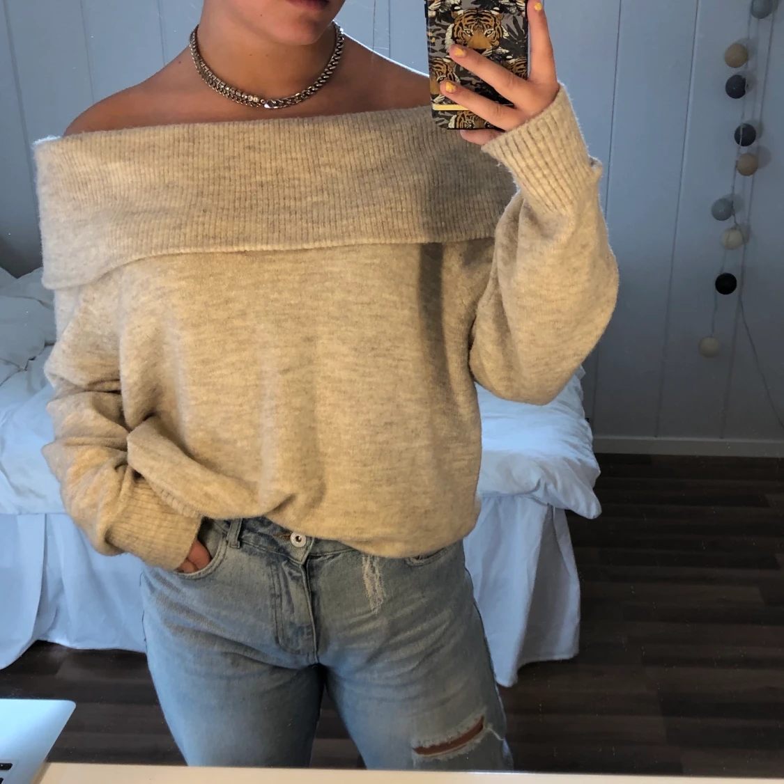 Beige Off Shoulder Stickad Tröja  - 91